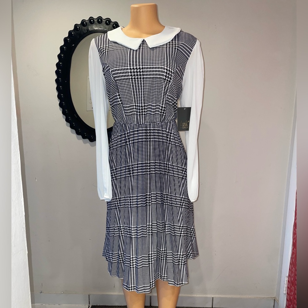 NWT MIDI CHECKERED DREES LONG SLEEVE SIZE S, M AND XL ELEGANT DRESS FORMAL DRESS